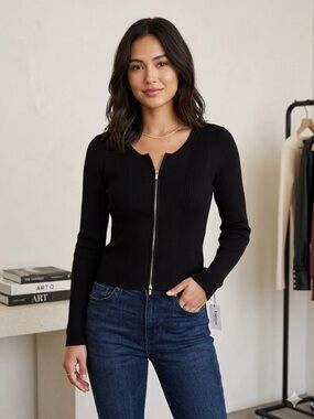 bebe Black Ribbed Zip-Up Sweater Cardigan